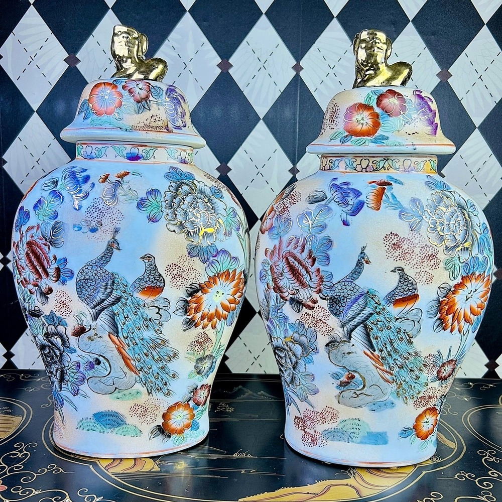 Vintage Chinoiserie Peacock Ginger Jars Gold Foo Dog Lid Pair 15.5" - Picture 5 of 17